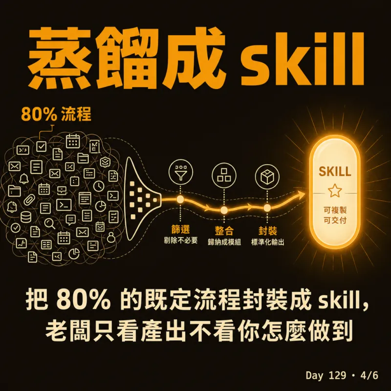 蒸餾成 skill：把 80% 的既定流程封裝起來