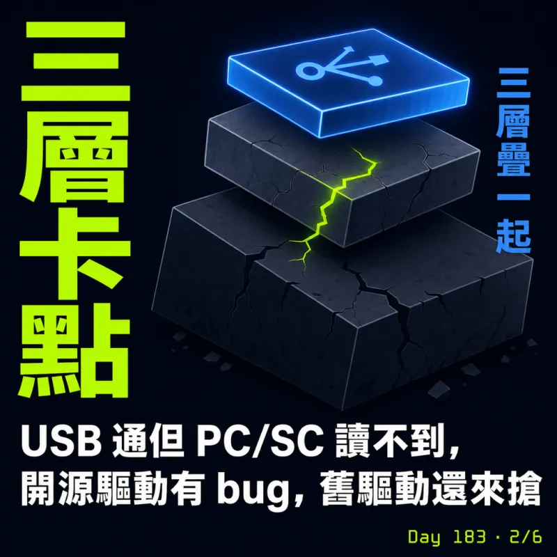 三層卡點：USB 通但 PC/SC 讀不到