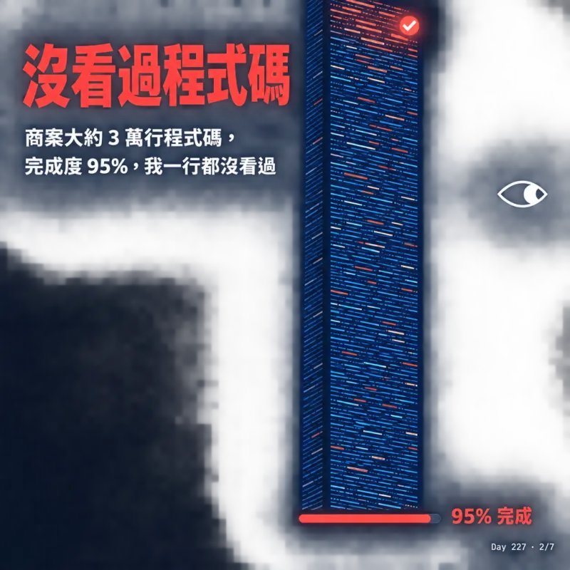沒看過程式碼：商案大約 3 萬行程式碼，完成度 95%